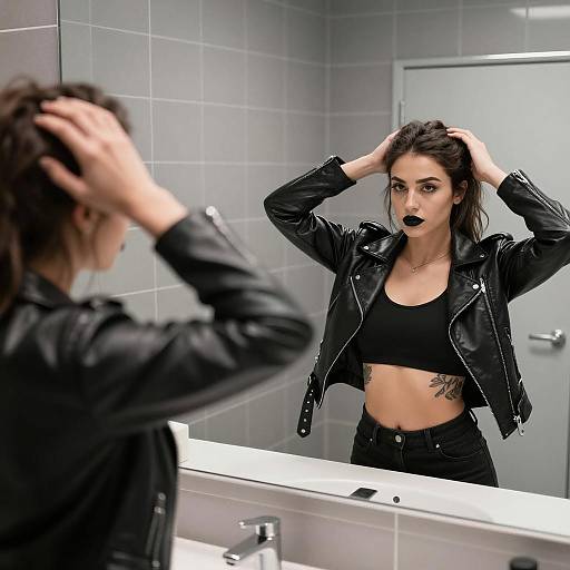 Young Woman with Black Lipstick Looking in Bathroom Mirror