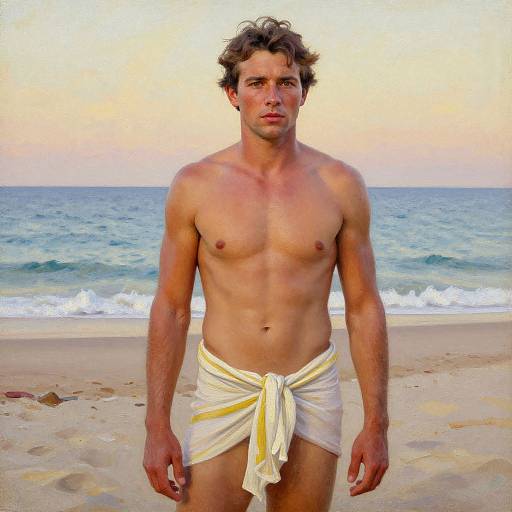 Photograph of a muscular, shirtless Caucasian man with tousled brown hair, wearing a white towel around his waist, standing on a sandy beach with