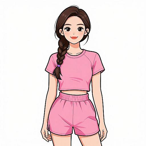 Digital anime-style drawing of a smiling young woman with long brown hair in a braid, wearing a pink crop top and matching pink shorts, standing against