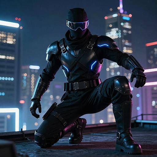 Photorealistic CGI of a masked, armored superhero in a crouched, ready stance on a rooftop at night, illuminated by neon city lights.