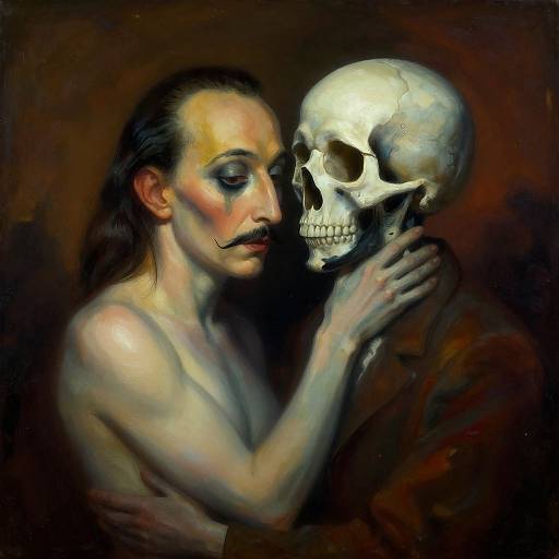 Digital painting of a topless woman with pale skin, dark hair, and red cheeks, gently touching a white skull, set against a dark, mo