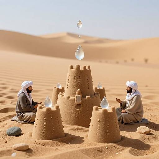Photograph of two men in white headscarves building sandcastles with crenellated towers in a desert, with water droplets hovering above