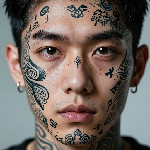 Photograph of a young Asian man with short black hair, wearing small hoop earrings, and numerous black tribal tattoos covering his face and neck, with a