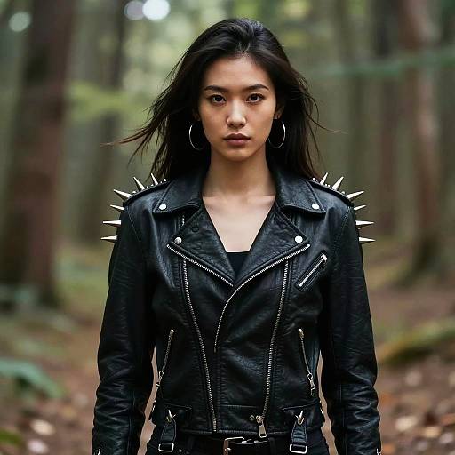 Woman in Spiked Leather Jacket in Forest