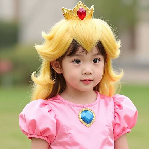 Photograph of an Asian toddler wearing a yellow Princess Peach costume with a gold crown and pink dress, featuring a blue jewel, outdoors on a green lawn
