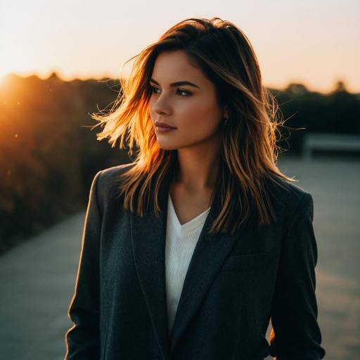 Woman with V-Cut Layers Hairstyle at Sunset