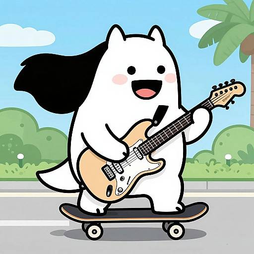 Cartoon dog with black ears and white fur skateboarding while playing a tan electric guitar on a sunny day.