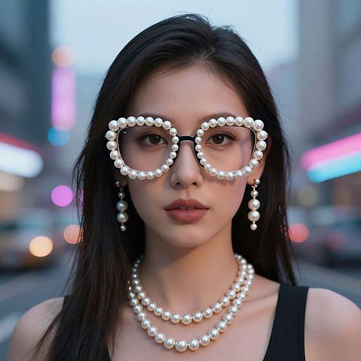 Photograph of an Asian woman with long black hair, wearing pearl-beaded glasses and necklace, black tank top, against a blurred city night background with
