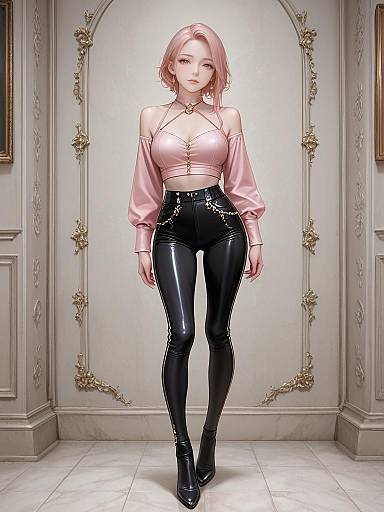 Digital artwork of a pink-haired woman in a pink crop top and black latex pants, standing in an ornate, classical room.