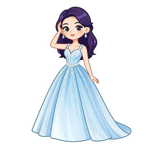 Digital anime-style drawing of a smiling woman with long purple hair, wearing a sparkling, light blue, floor-length evening gown, and dangling earrings.