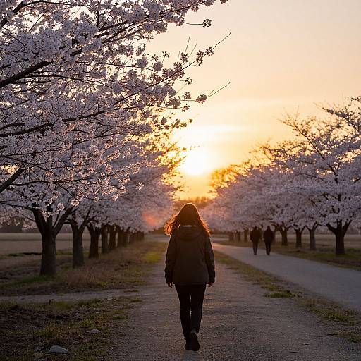 Photograph of a person with long hair walking down a path between cherry blossom trees at sunset, silhouetted against a vibrant orange sky.