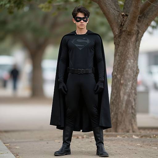 Photograph of a young man in a black Batman costume with long cape, mask, gloves, and boots, standing in a park with trees. Bl