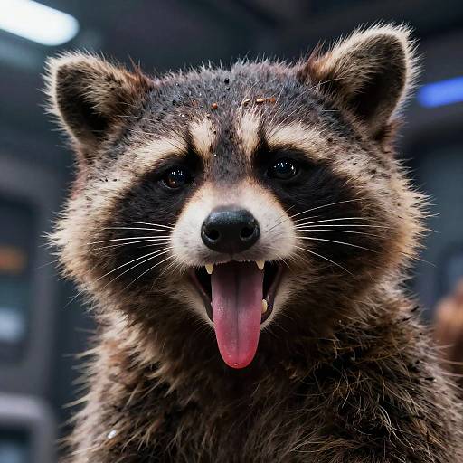 Photorealistic CGI close-up of a raccoon with a wide-open mouth, tongue out, and sharp teeth, set against a blurred urban background.