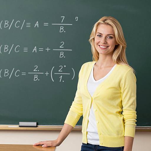 Smiling Teacher in Front of Chalkboard