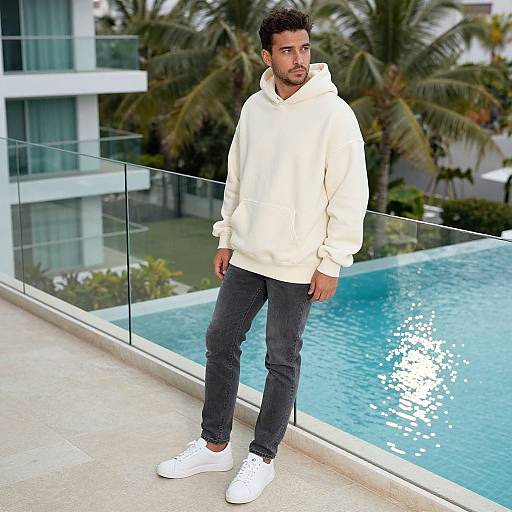 Man in Cream Hoodie by Poolside