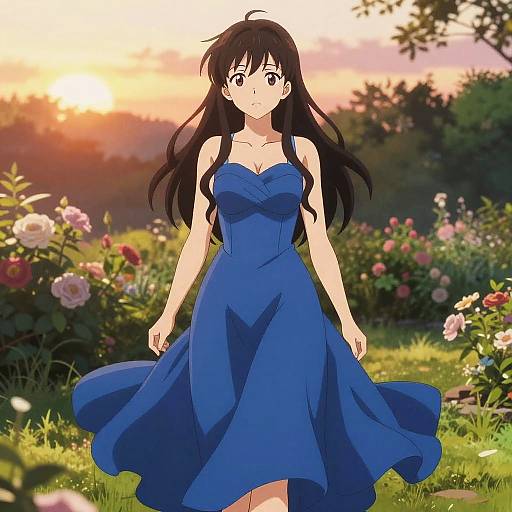 Anime Woman in Blue Dress at Sunset Garden