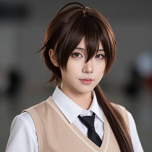 Digital portrait of an attractive young Asian woman with brown hair, wearing a white shirt, black tie, beige vest, against a blurred gray background. Anime