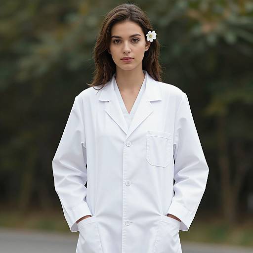 Solo Girl in White Lab Coat Outdoors