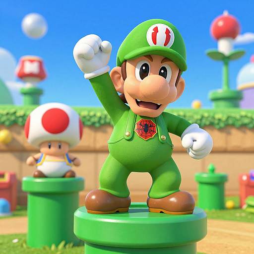 3D CGI image of Mario, green overalls, hat with red 
