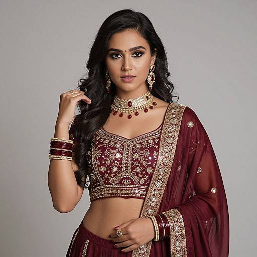 Photograph of a beautiful South Asian woman in a maroon embroidered traditional outfit with gold jewelry, including a choker, necklace, and bangles,