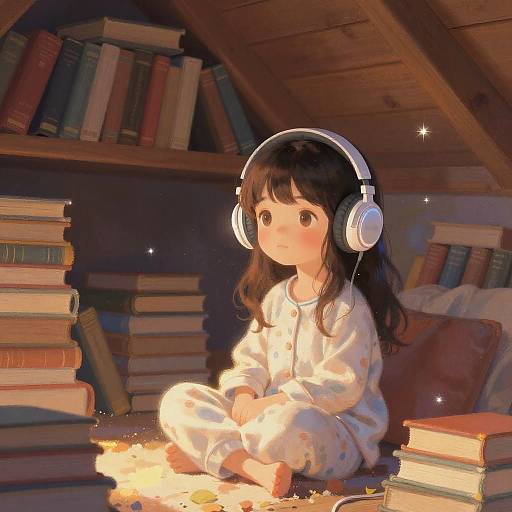 Digital painting of a young girl with long black hair, wearing white pajamas and headphones, sitting cross-legged on a wooden floor surrounded by stacks of books