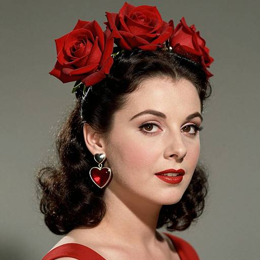 Photograph of a fair-skinned woman with red roses in her dark hair, wearing red lipstick, earrings with heart-shaped red stones, and a red