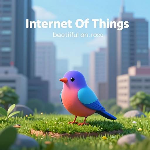 CGI cartoon bird with pink and blue feathers standing on grass in a blurred cityscape background, text 