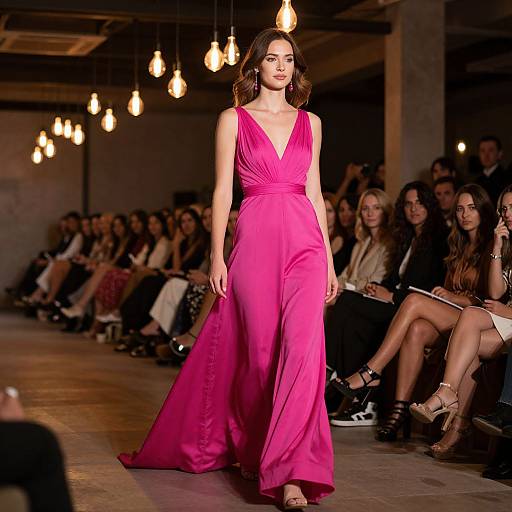 Photograph of a brunette woman with wavy hair, wearing a vibrant pink, V-neck, floor-length gown, walking a dimly lit runway with
