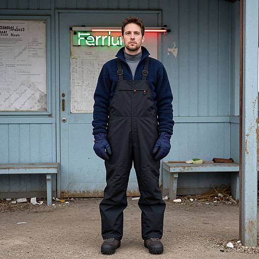 Photograph of a serious, bearded man in black overalls and gloves standing in front of a blue wooden building with a neon 