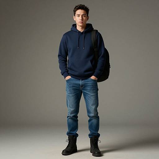 Photograph of a young Asian man with short black hair, wearing a navy hoodie, blue jeans, black boots, and a black backpack, standing against