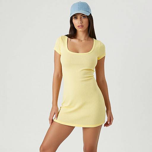 Photograph of a young woman with long black hair, wearing a light yellow short-sleeve dress, blue baseball cap, and white background.
