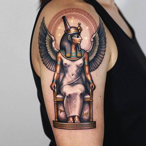 Photograph of a tattoo on a person's arm depicting an ancient Egyptian goddess with wings, wearing a headdress and traditional attire, seated on a throne