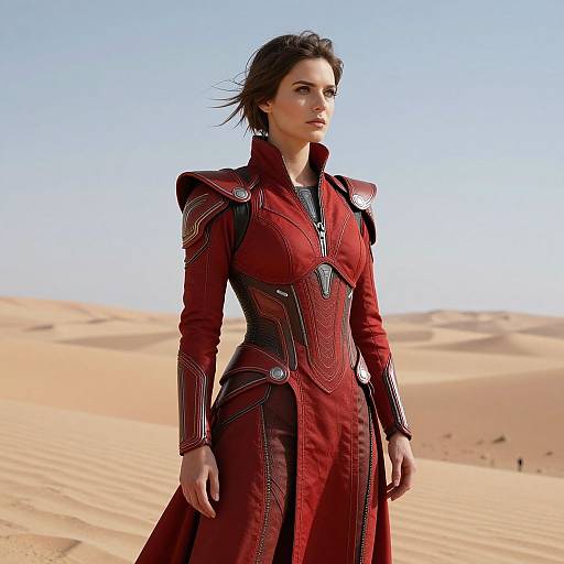 Photograph of a strong, fair-skinned woman with short brown hair, wearing a red, intricately embroidered desert outfit, standing in a sunlit