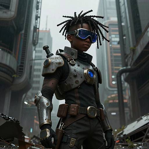 Cyberpunk-style digital art of a Black man with dreadlocks, wearing futuristic armor and blue visor, standing in a rainy urban canyon.