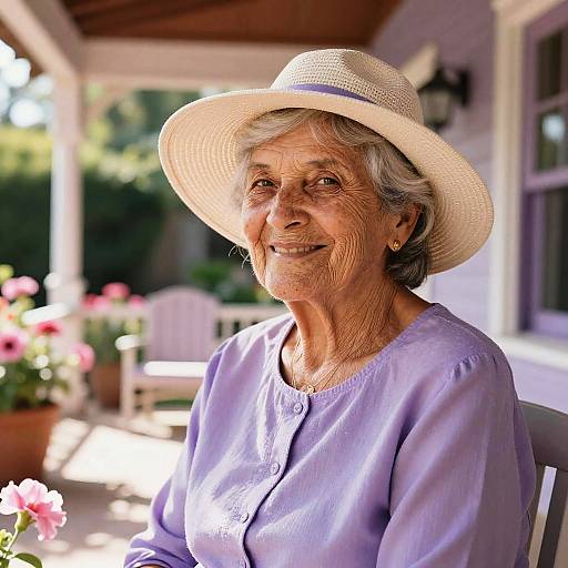 Elderly Woman on Flowered Porch