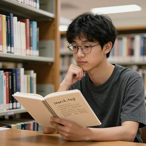 Photograph of an Asian teenage boy with black hair and glasses, wearing a gray t-shirt, reading 