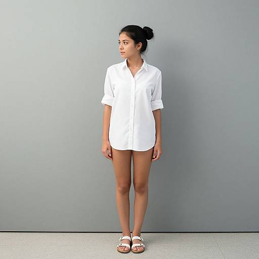 Photograph of a young Asian woman with dark hair in a bun, wearing an oversized white button-up shirt, white sandals, standing against a plain gray