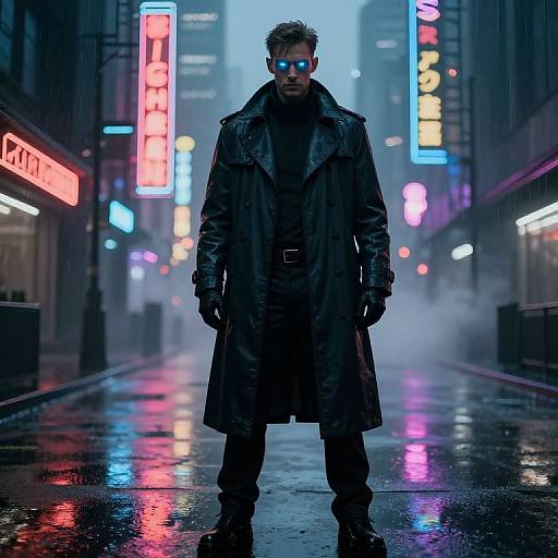 Cyberpunk noir photograph: Brooding man in black trench coat and blue visor stands in neon-lit, rain-soaked city street. Bright