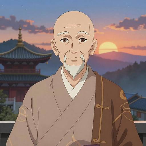 Serene Elderly Anime Monk at Sunrise