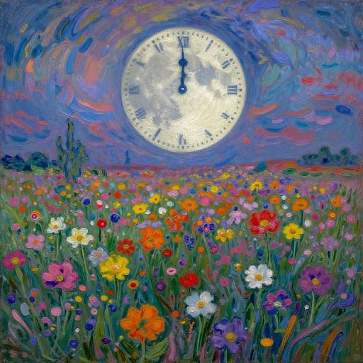 Vibrant oil painting of a field of colorful flowers under a swirling, oversized clock face in a blue, purple night sky.