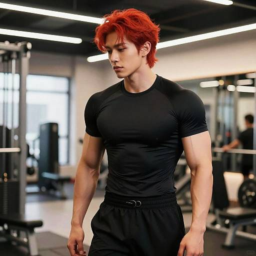 Fiery Red Hairstyle in Modern Gym
