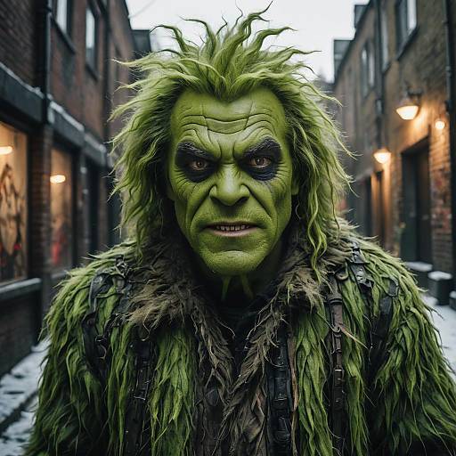 Grinch Cosplay in Urban Winter Scene