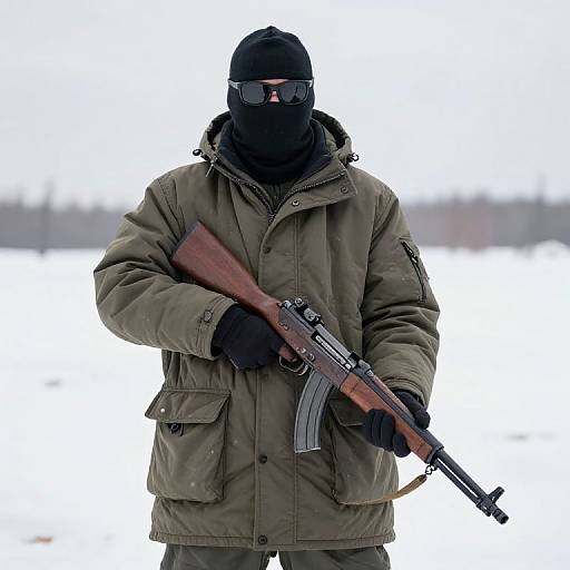 Photograph of a masked, armed man in a green parka and black gloves, holding a rifle, standing in a snowy landscape.