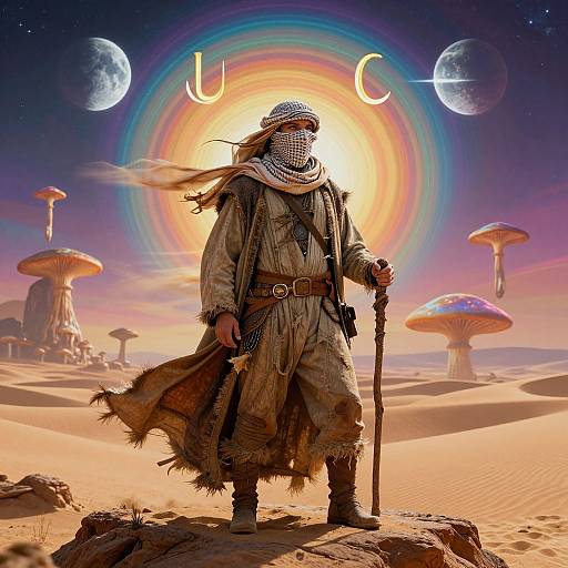 Photorealistic digital art: Desert wanderer in tattered robes and mesh headscarf stands with staff, surrounded by glowing mushrooms and planets in a