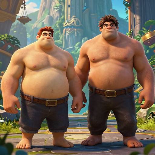 Two shirtless, muscular, overweight men with brown hair, wearing dark blue shorts and belts, stand side by side in a fantastical, lush,