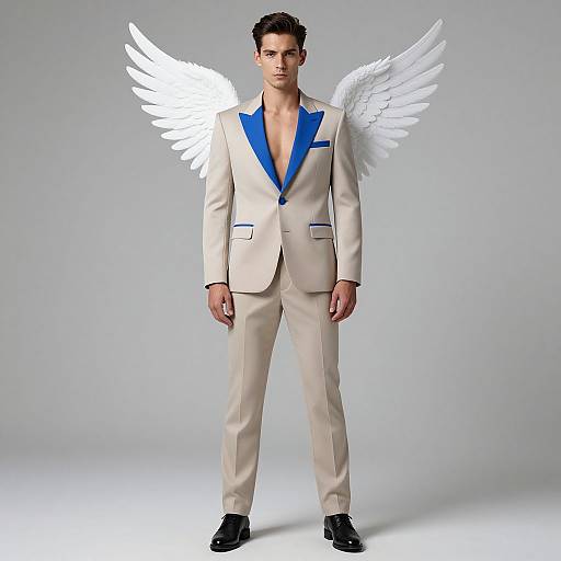 Photograph of a handsome man with short dark hair, wearing a white suit with blue trim, blue V-neck, and white angel wings, standing against
