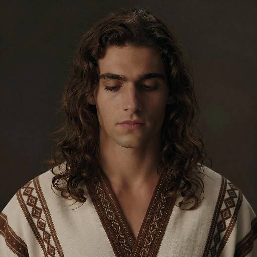 Young man with long wavy hair in traditional patterned garment