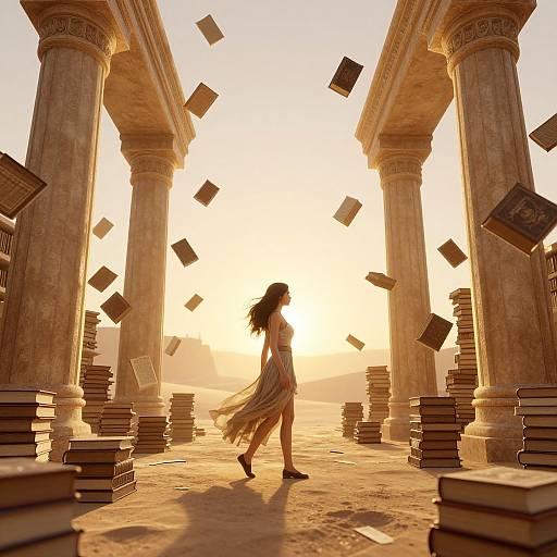 Photograph-like digital art: Silhouetted woman in flowing dress runs between sunlit, ancient columns, surrounded by floating, open books. Warm