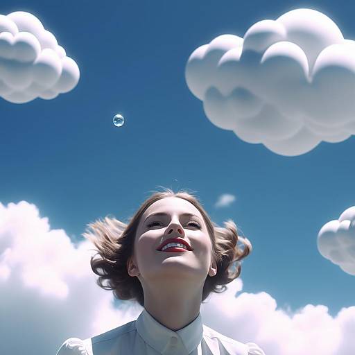 Photograph of a smiling woman with short brown hair, white blouse, looking up at a bright blue sky with fluffy white clouds and a floating water dro