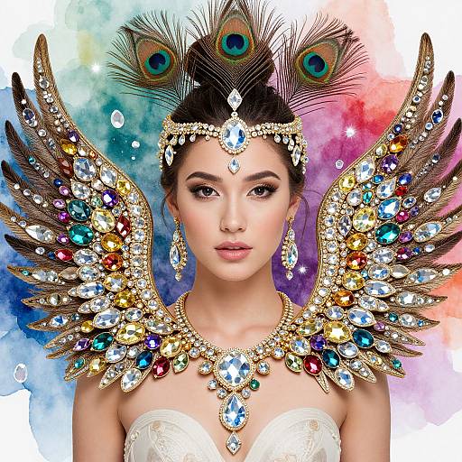 Digital art of an Asian woman with peacock feather headpiece, ornate jeweled wings, and white gown, set against a colorful watercolor background